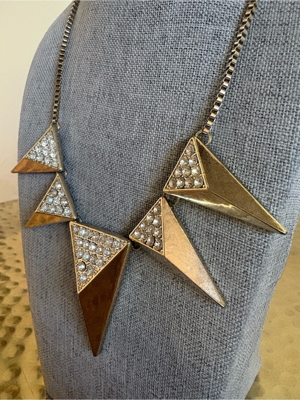 Art Deco Geometric Gold Tone Statement Necklace Rhinestones JS Collections